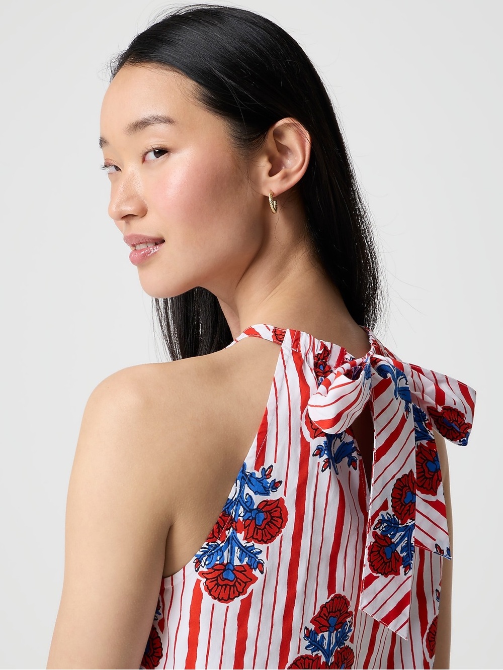 J.Crew Factory Floral Striped Halter Top Red White Blue Size S NWT